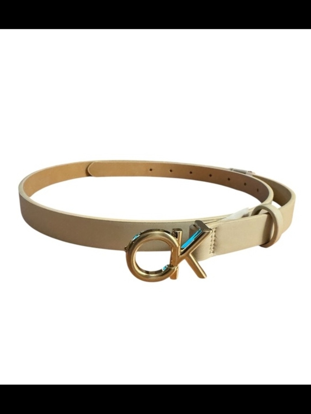 Calvin Klein Tan Leather Skinny Belt with Gold CK Buckle
